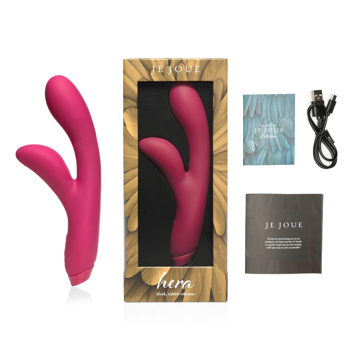 Hera Vibrator in box with accessories on white background