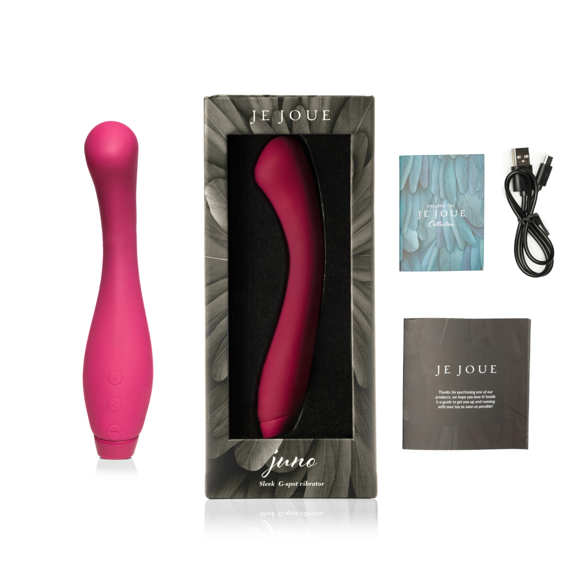 Juno Vibrator in pink in box with accessories on side