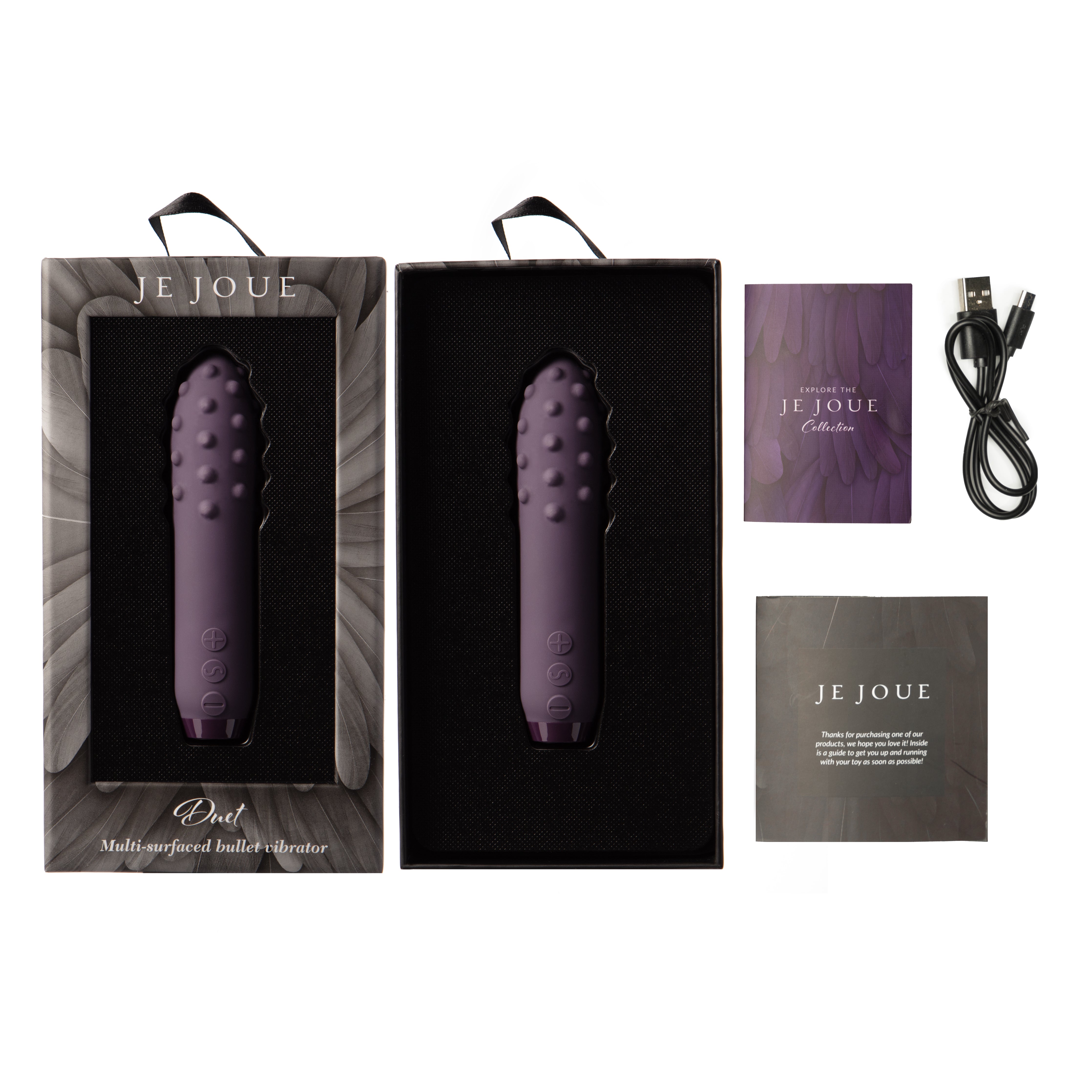 Duet bullet vibrator in purple in box with accessories on side