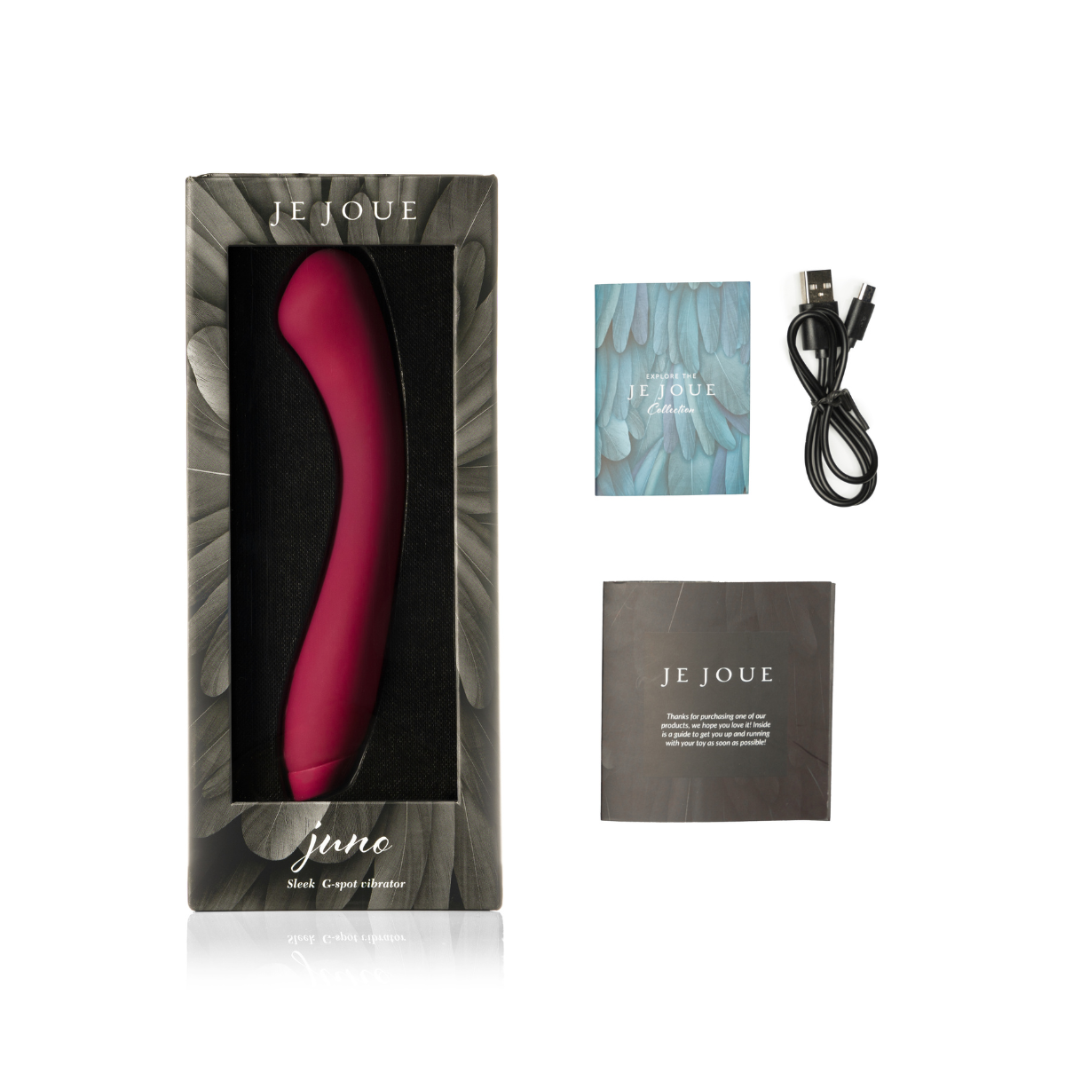 Juno pink vibrator in box with accessories on side