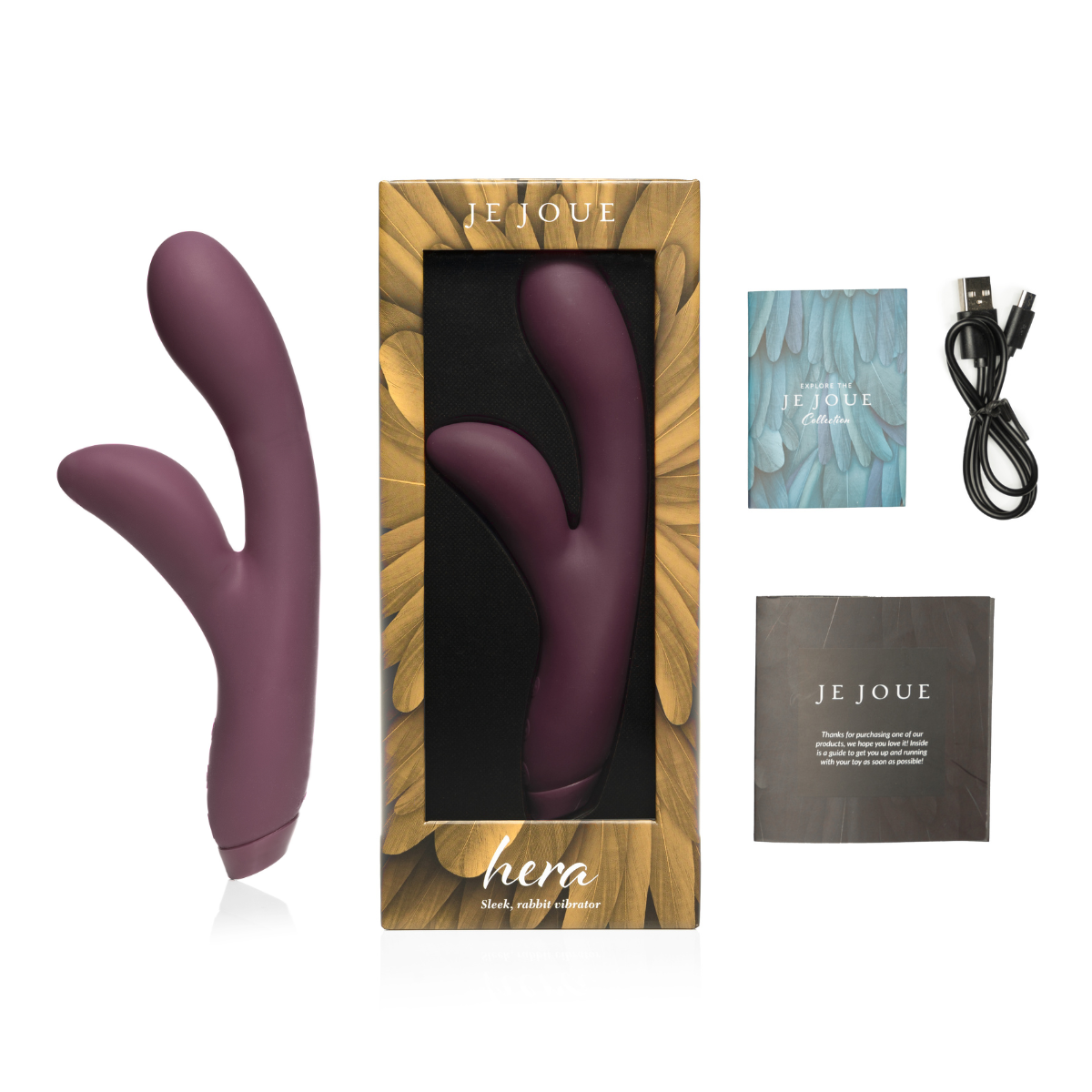 Hera Vibrator in and out of box with accessories on side 