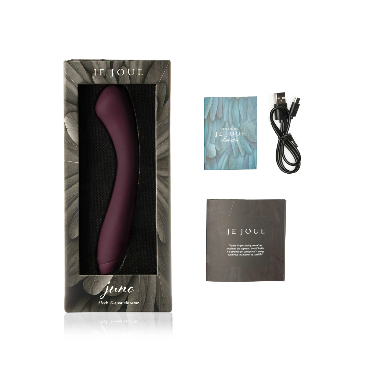 Juno Vibrator in Purple with accessories on side