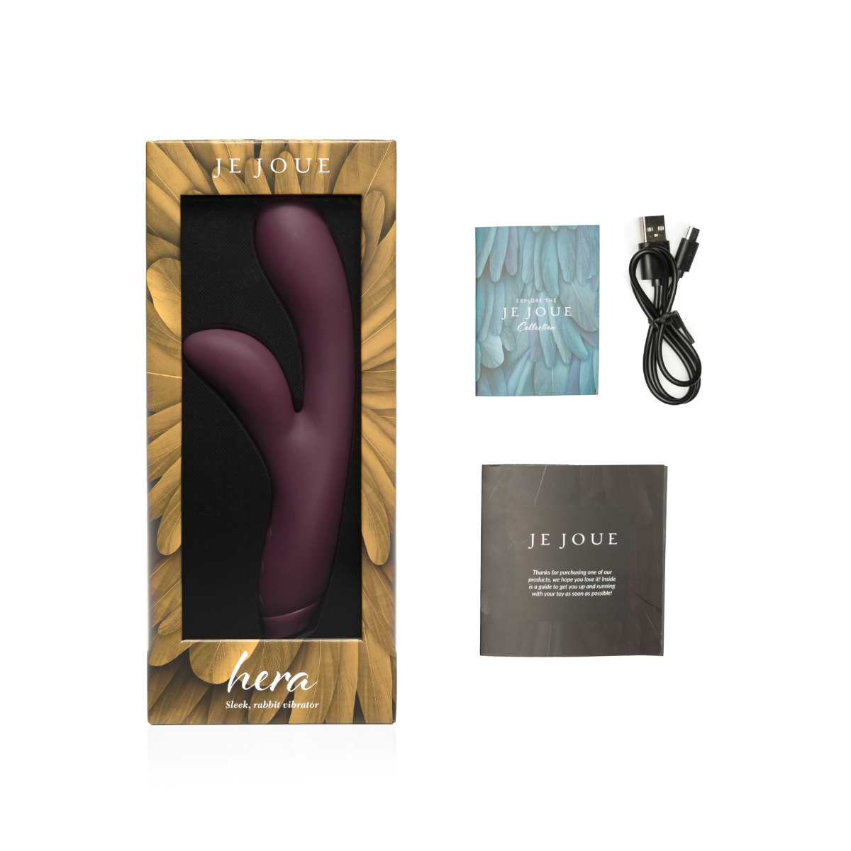 Hera Vibrator in purple with accessories on side 