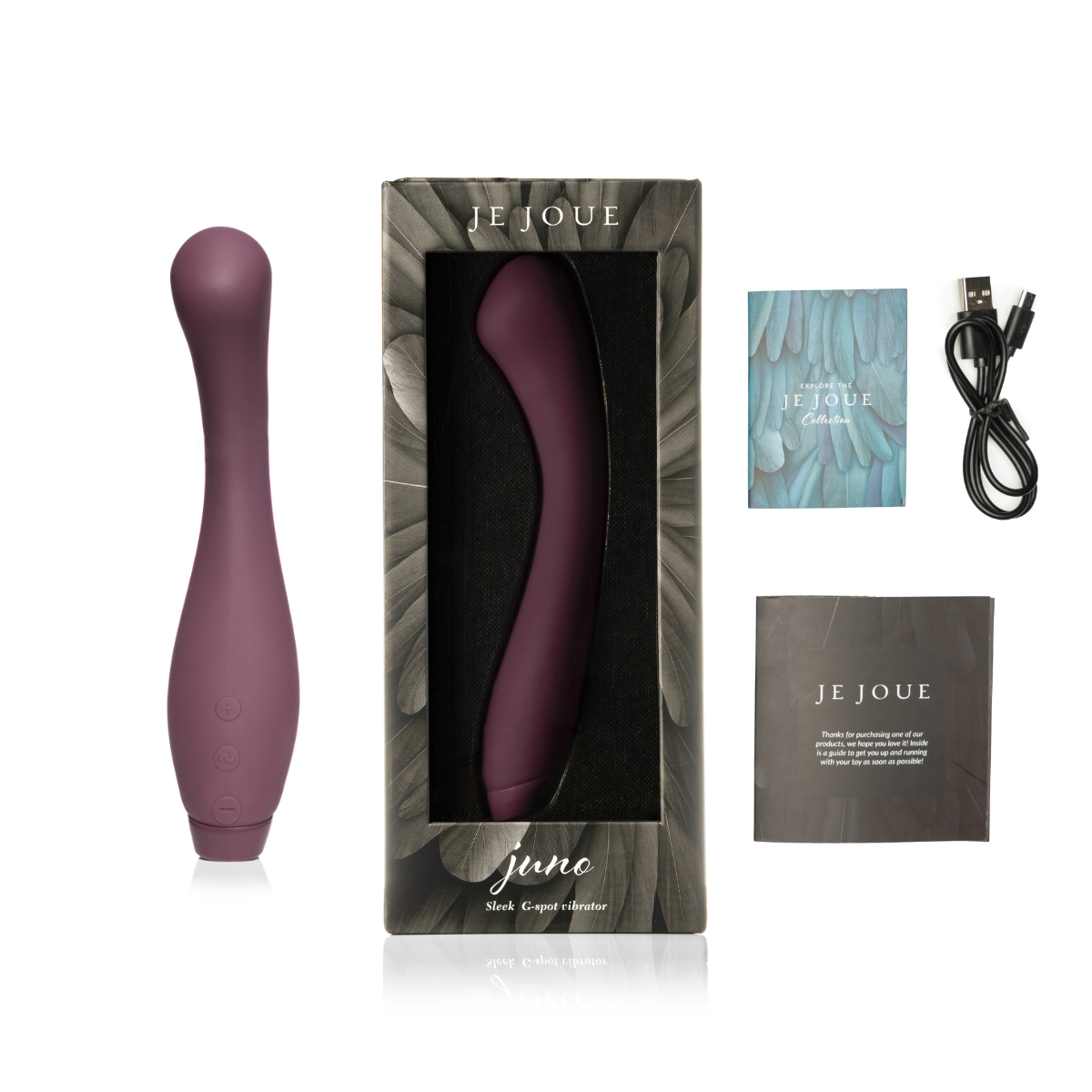 Purple Juno Vibrator in and out of box with accessories on side