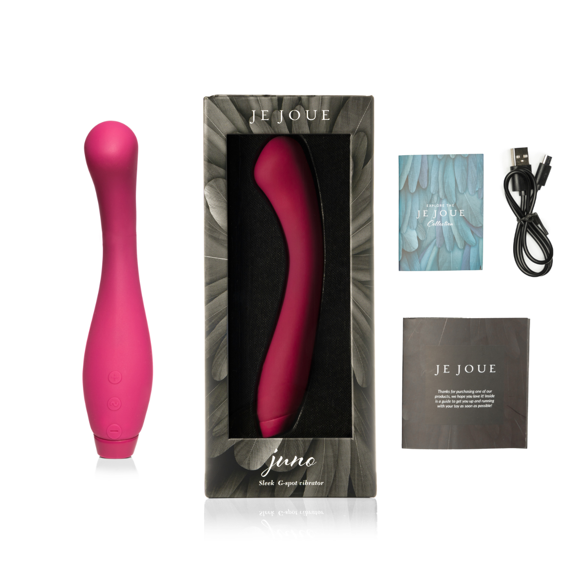 Juno Vibrator in pink in box with accessories on side 