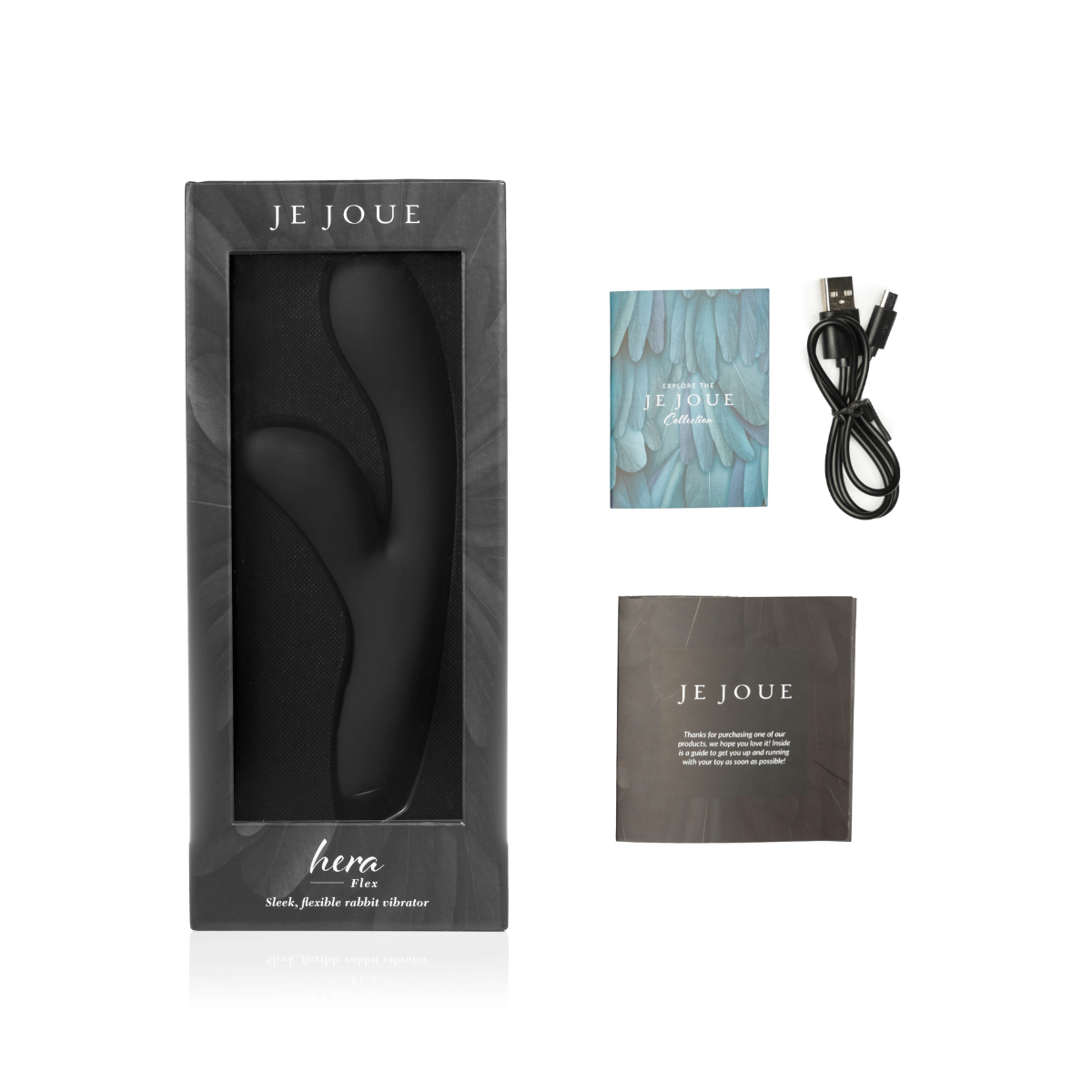 Hera Vibrator in black in box with accessories on side 