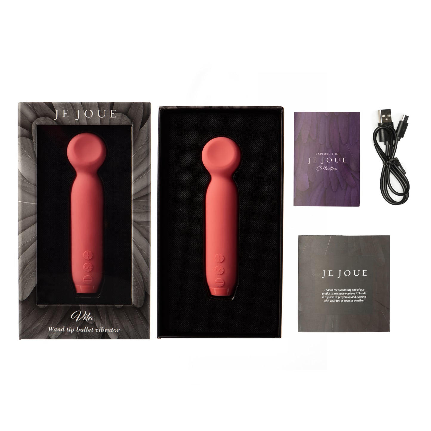 Je Joue Vita Vibrator in box with accessories on side