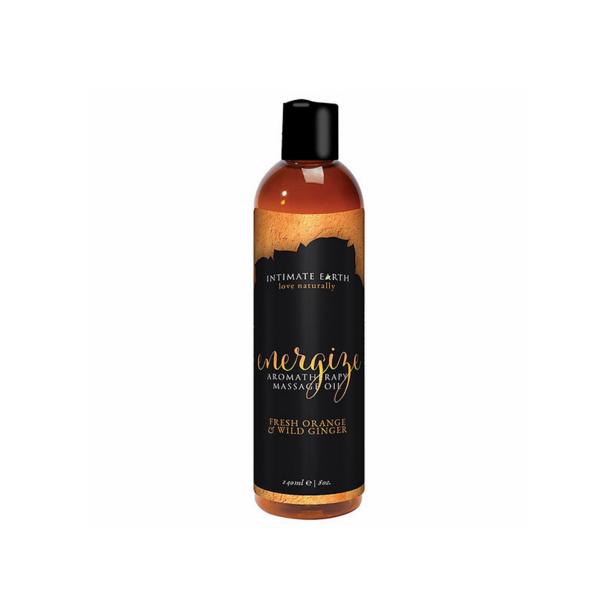 Intimate Earth Energise Massage Oil bottle on white background