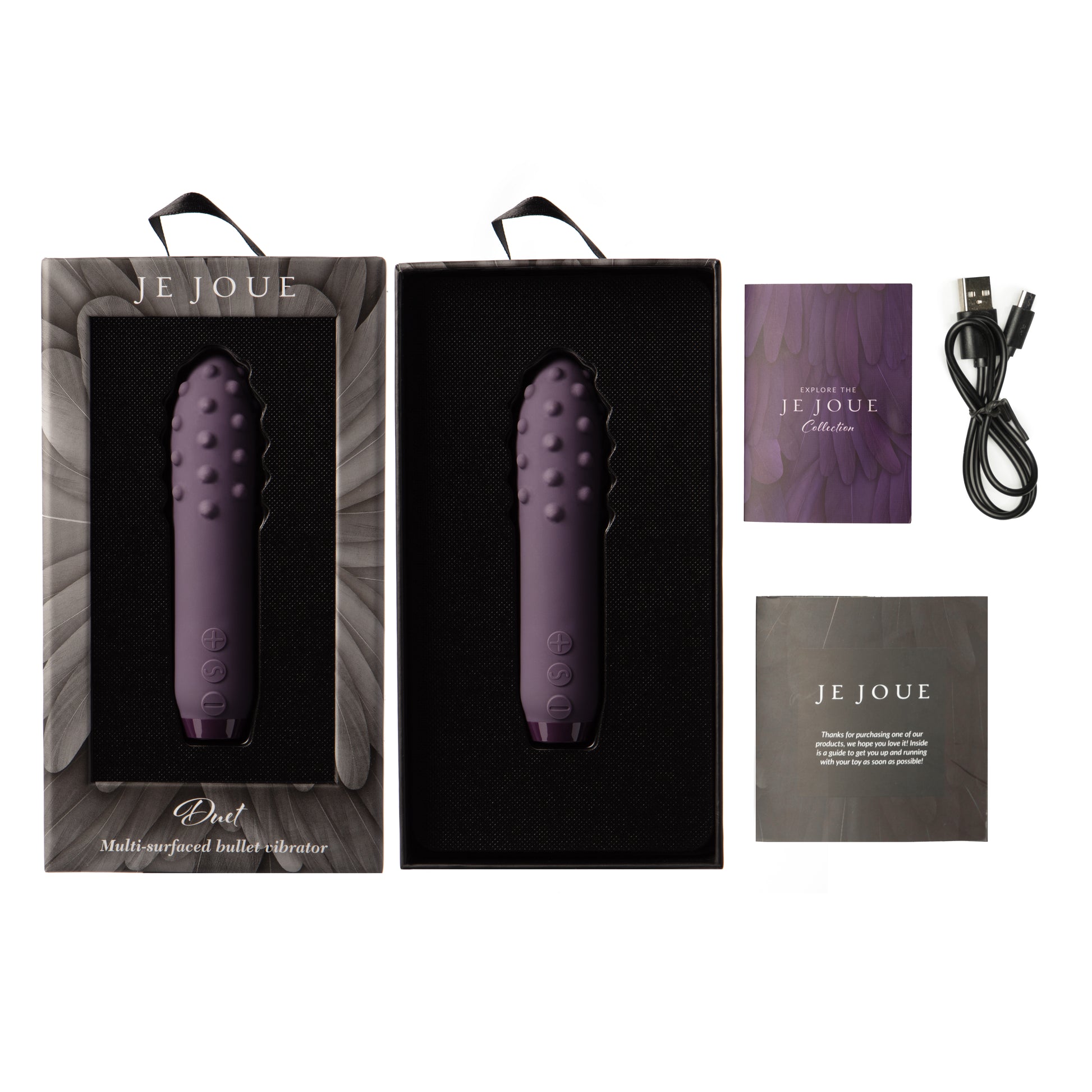 Duet bullet vibrator in box with accessories on side