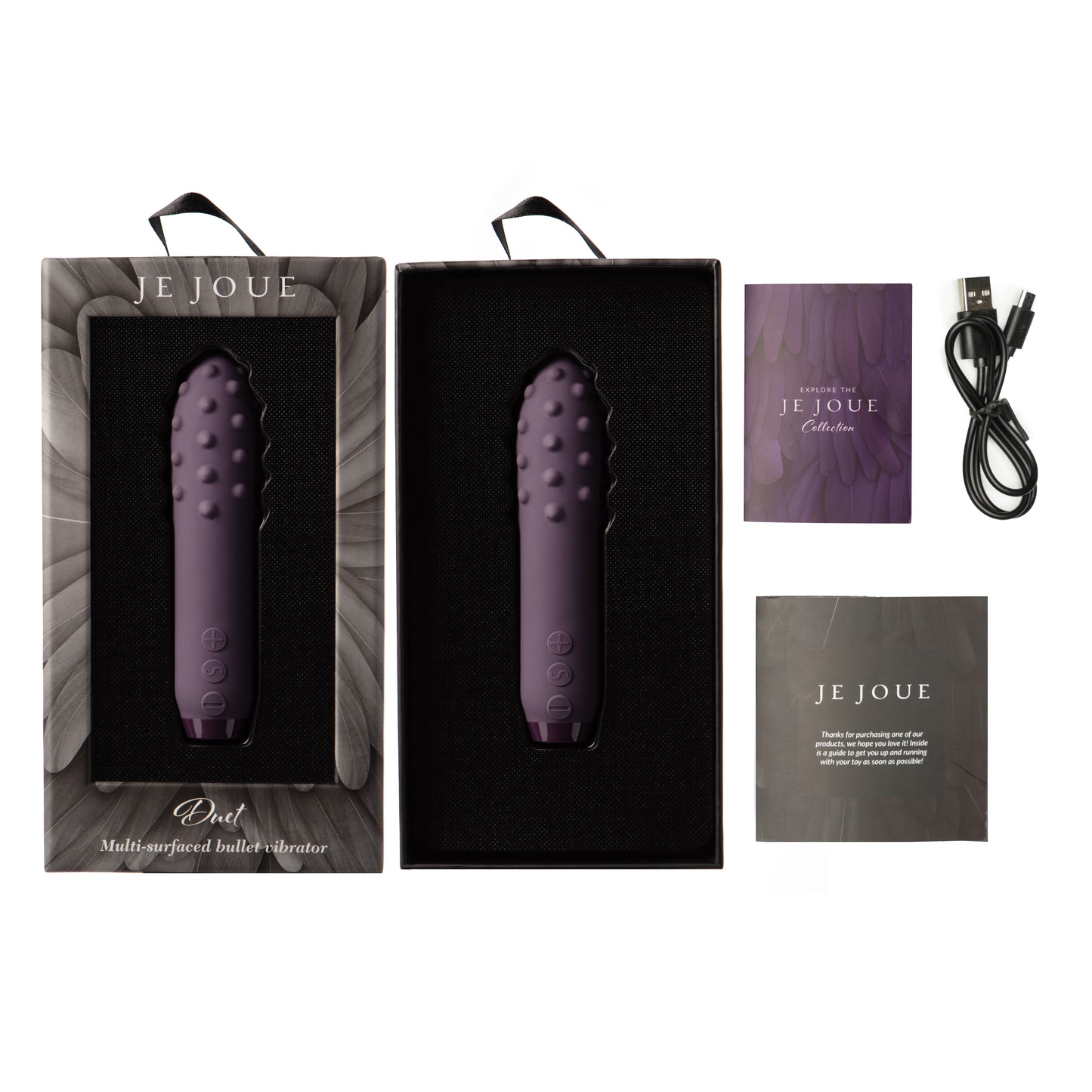 Duet bullet vibrator in purple in box with accessories on side 